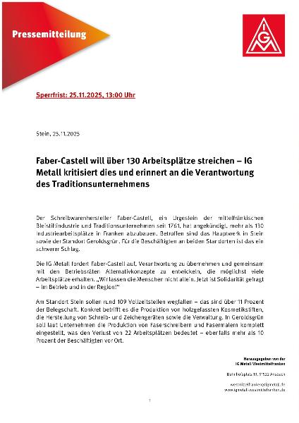 Pressemitteilung zu geplanten Verlagerungen und Arbeitsplatzabbau bei Faber-Castell