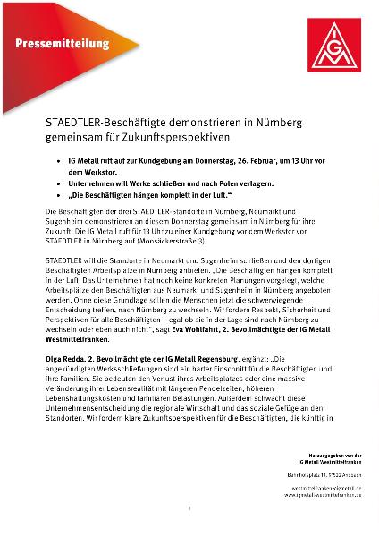 Pressemitteilung Aktionstag bei STAEDTLER wegen der geplanten Werkschließungen 