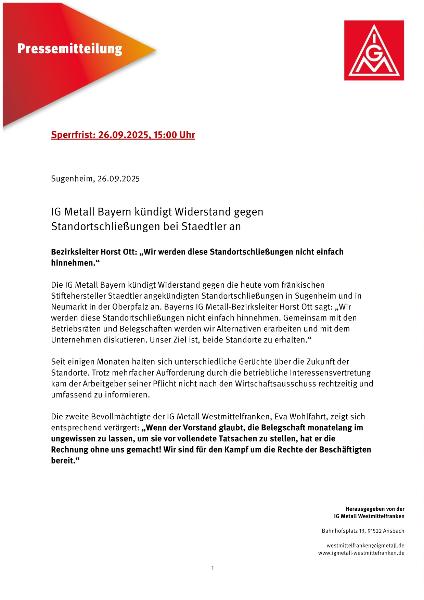 Pressemitteilung zur geplanten Standortschließung von STAEDTLER in Sugenheim 